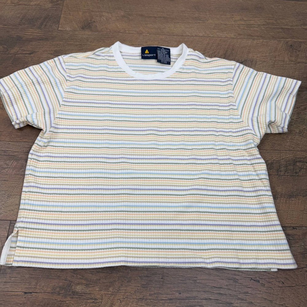 Vintage Liz Sport Pastel Stripe Ribbed Cotton Crop T-Shirt XL‎ 90s Boxy Tee